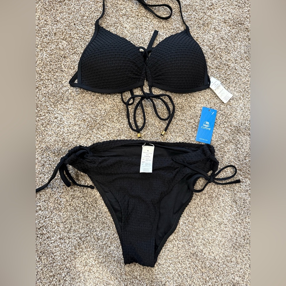 Cupshe Black Textured Bikini with Ties